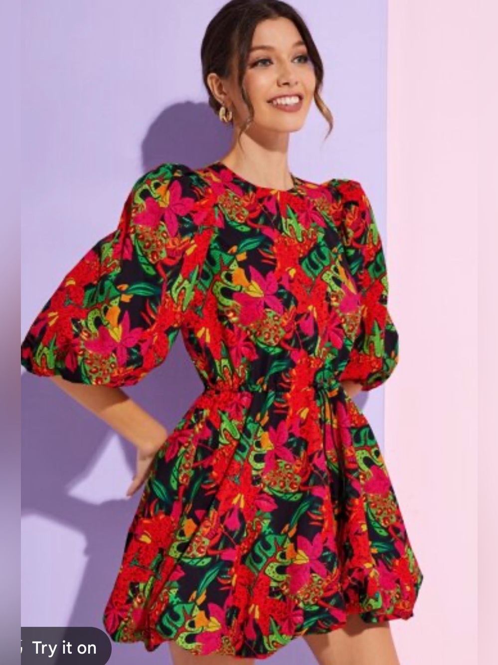 Bold Tropical Floral Puff-Sleeve Bubble Hem Mini Dress- Bright Multicolor